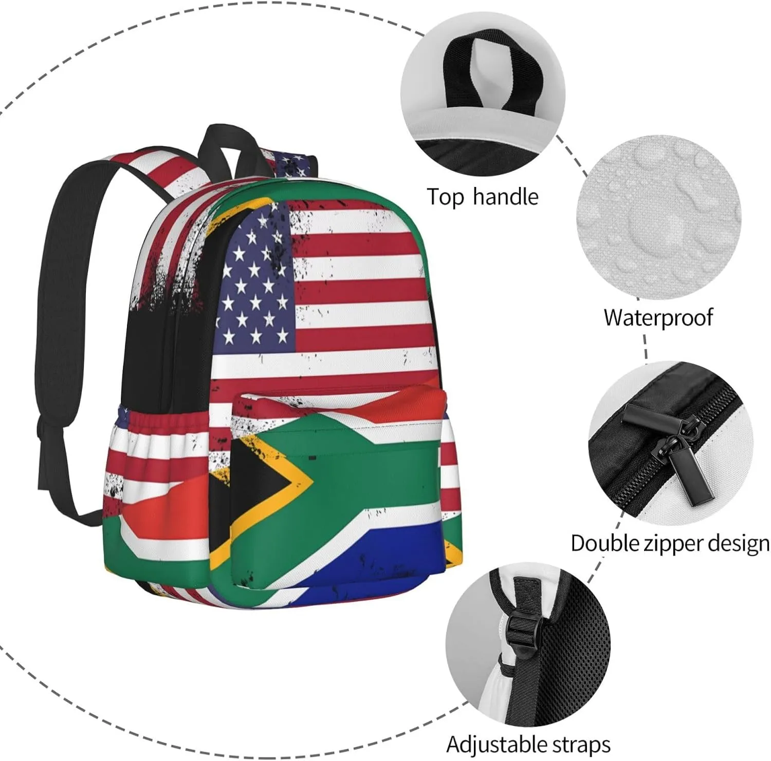 Vintage Half South African American Flag Backpack Large Capacity Backpack Lightweight Double Shoulder Bag For Women Men Travel