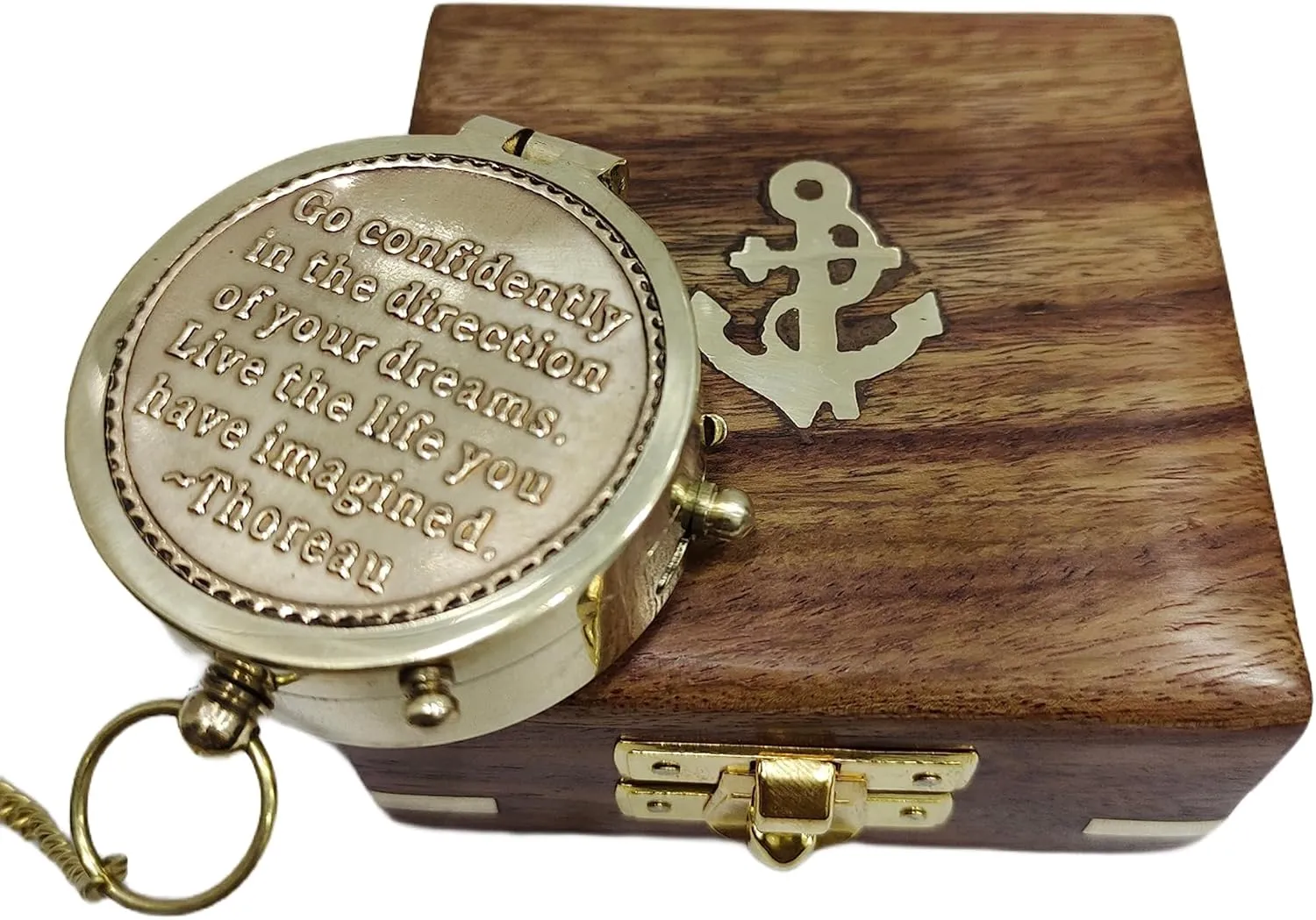 Vintage Marine Go Confidently Poem Quote Brass Magnetic Compass with Wooden Box Directional Copper Dial Pocket Compass navigational Compass