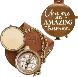 Vintage My Love Engraved Brass Compass with Leather Case – Personalized Pocket Compass for Husband, Boyfriend, Wedding & Outdoor Travel (Antique My Love-66)