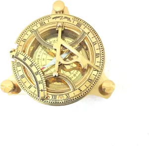 Vintage Style Brass Sundial Compass, Handcrafted Navigation Tool, Golden Polish