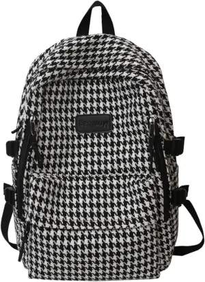 Vintage Tweed Backpack Aesthetic Houndstooth Print 15.6 Inch Laptop Backpack for Women Men Casual Daypack (One Size,Black)