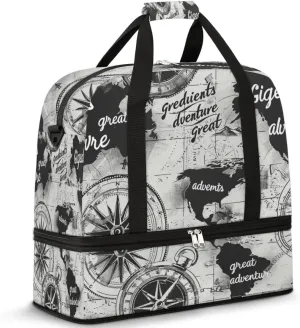 Vintage World Map Compass Travel Duffel Bag for Women Men, Nautical Compass Sports Gym Bag with Shoes Compartment Foldable Overnight Bag Weekender Tote Workout Carry On Luggage Bag