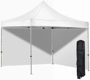 Vispronet 10x10 Pop Up Canopy Tent and 2 Side Walls – Commercial Grade Steel Frame with Water-Resistant Canopy Top and Sidewalls – Wheeled Canopy Bag and Stake Kit Included (White)