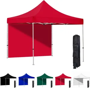 Vispronet 10x10 Pop Up Canopy Tent and Side Wall – Commercial Grade Steel Frame with Water-Resistant Canopy Top and Sidewall – Wheeled Canopy Bag and Stake Kit Included (Red)