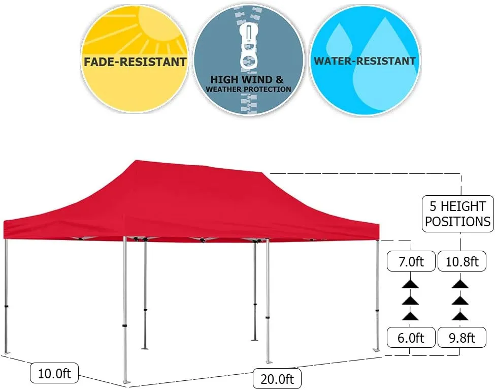 Vispronet 10x20 Pop Up Canopy Tent – Durable Aluminum Frame with Water-Resistant Polyester Fabric Top – Sturdy Wheeled Canopy Bag and Stake Kit Included (Red)