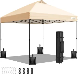 VIVOHOME 10x10ft Pop Up Canopy Tent One Push Setup Outdoor Portable Shelter Tent Heavy Duty with Wheel Carry Bag and 4 Sandbags, Beige