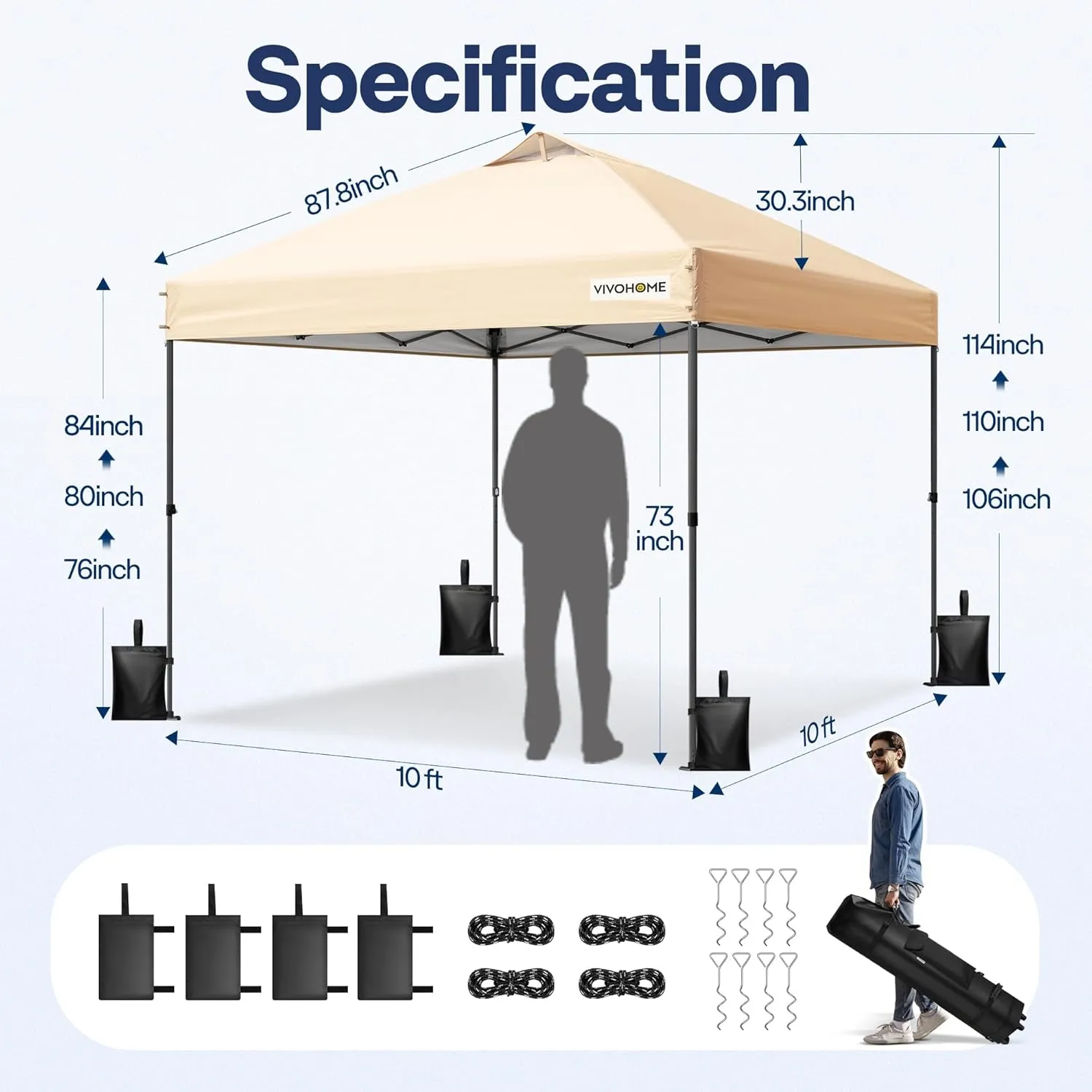VIVOHOME 10x10ft Pop Up Canopy Tent One Push Setup Outdoor Portable Shelter Tent Heavy Duty with Wheel Carry Bag and 4 Sandbags, Beige