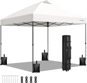 VIVOHOME 10x10ft Pop Up Canopy Tent One Push Setup Outdoor Portable Shelter Tent Heavy Duty with Wheel Carry Bag and 4 Sandbags, White