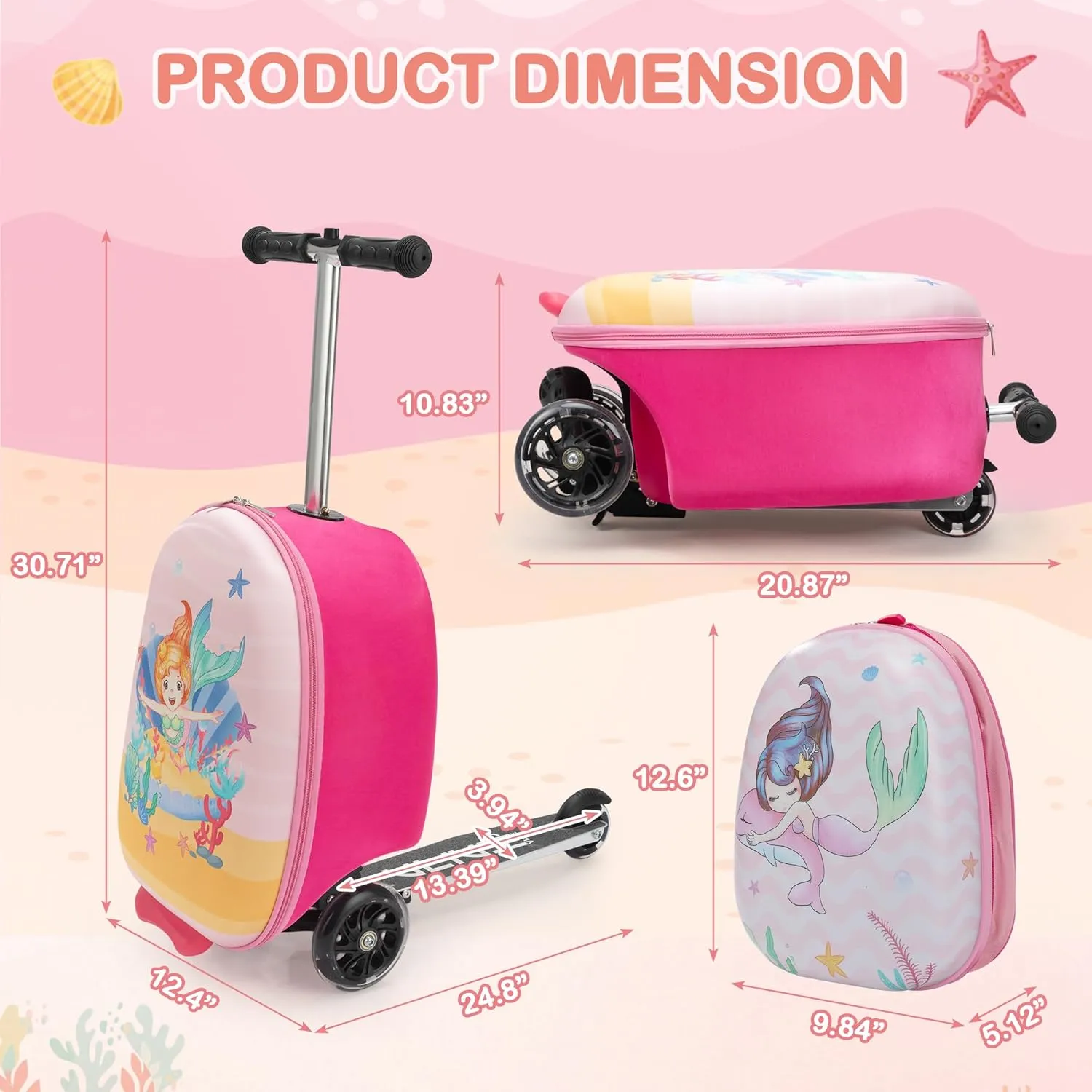 VLIVE Scooter Suitcase, Kid Carry on Luggage Scooter, Children Ride on Luggage for Girls, Luggage for Kids(Mermaid)