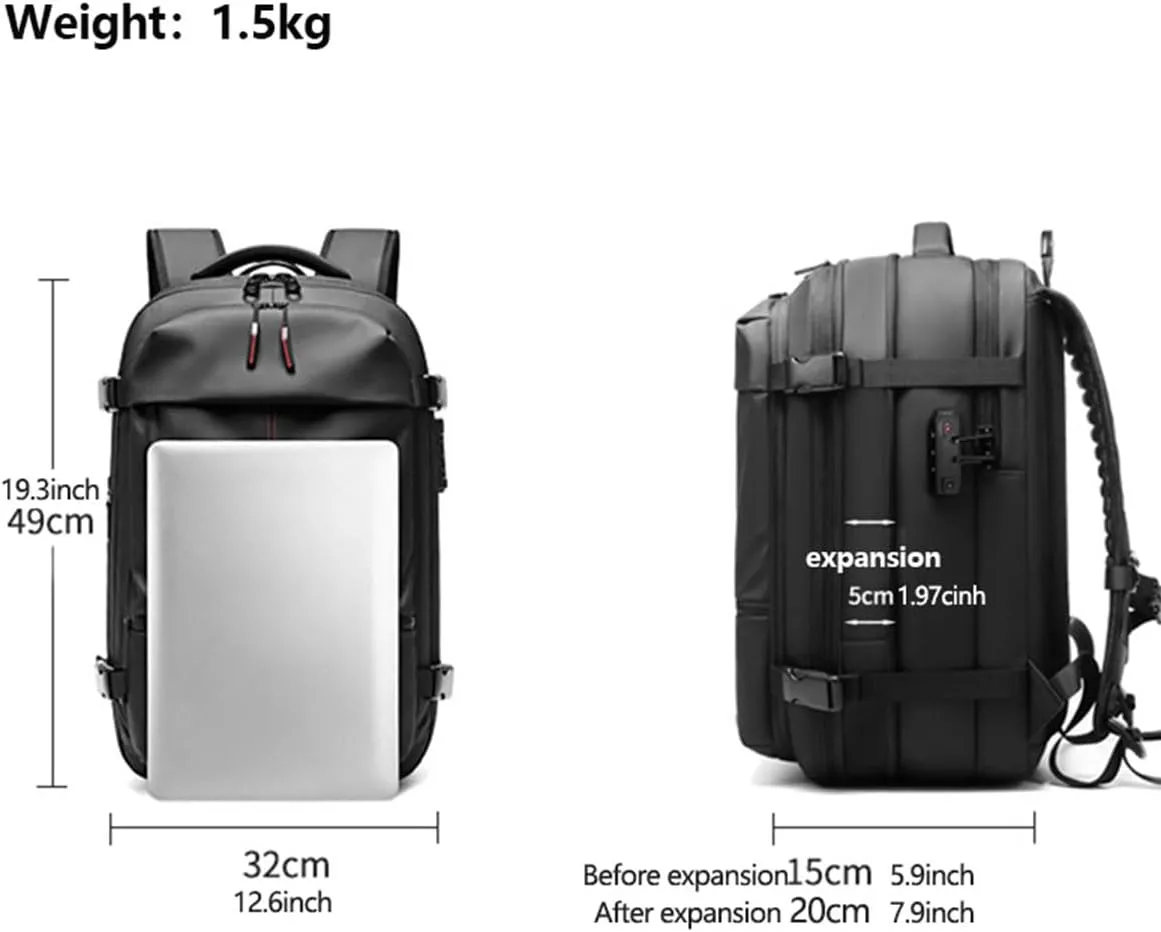 VoyageVac Backpack with Pump, Expandable Vacuum Backpack Travel Water Resistant for Hiking, Airplane, Weekend Trips (Black, Standard)