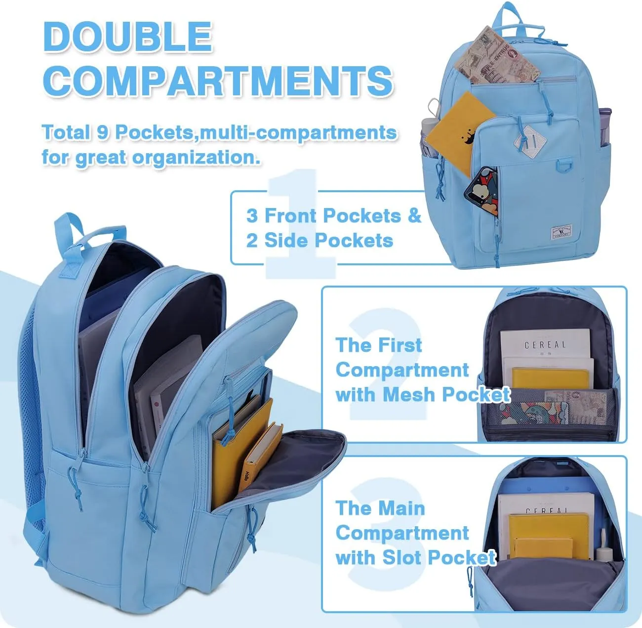 VX VONXURY School Backpack Water Resistant 15 Inch Girls Bookbag Schoolbag with Double Comparments Backpacks for Teen Boys
