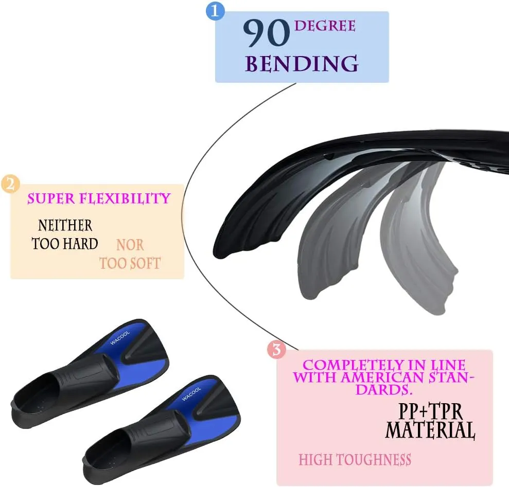 WACOOL Adult Short Light Full Foot Pocket Travel Size Fins Short Blade Fins Flippers for Snorkeling Diving Scuba or Swimming Training