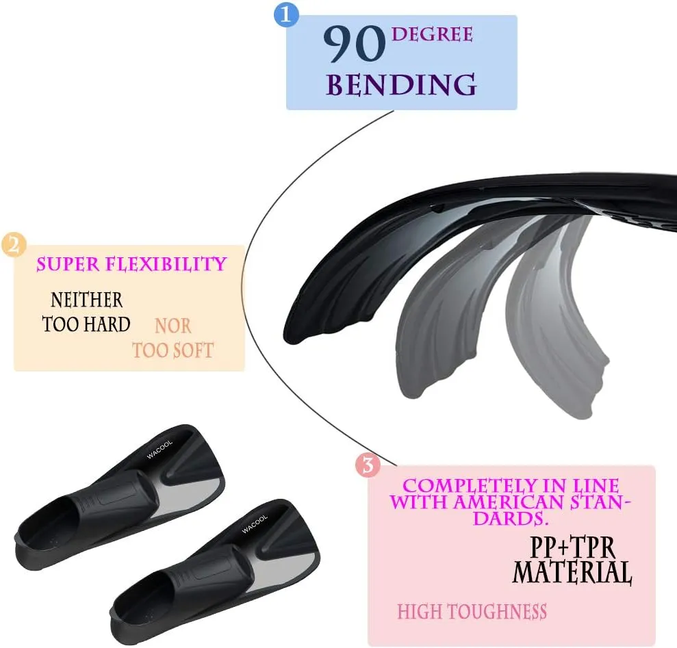 WACOOL Adult Short Light Full Foot Pocket Travel Size Fins Short Blade Fins Flippers for Snorkeling Diving Scuba or Swimming Training