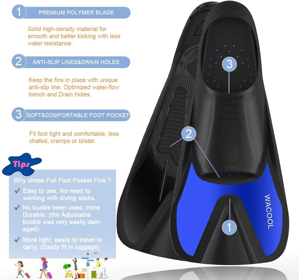 WACOOL Adult Short Light Full Foot Pocket Travel Size Fins Short Blade Fins Flippers for Snorkeling Diving Scuba or Swimming Training