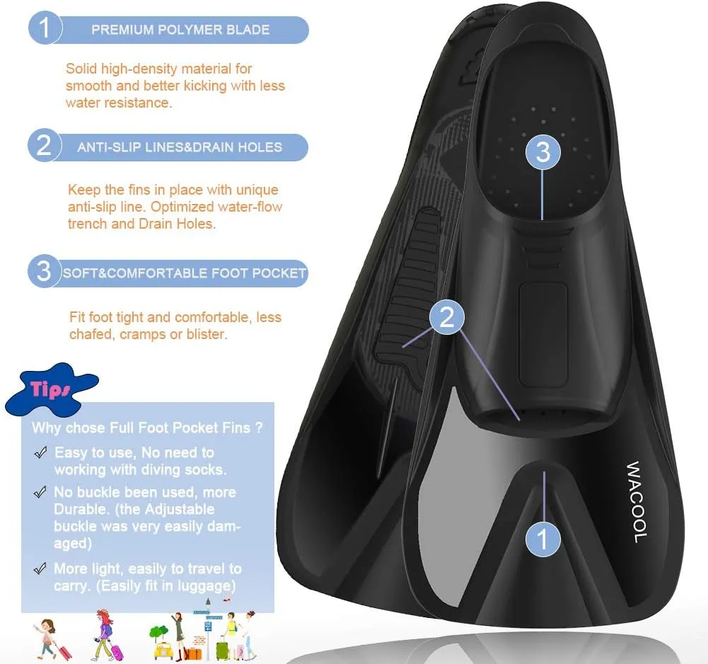 WACOOL Adult Short Light Full Foot Pocket Travel Size Fins Short Blade Fins Flippers for Snorkeling Diving Scuba or Swimming Training