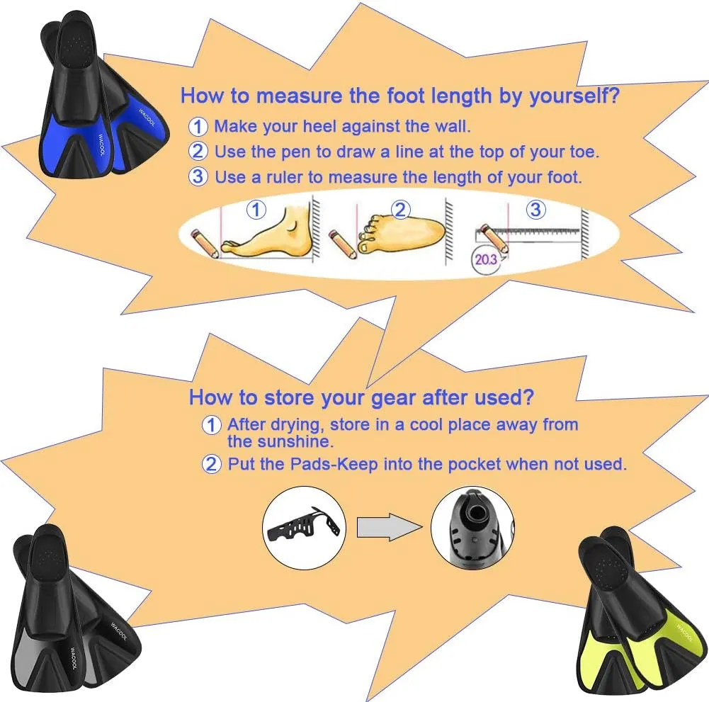 WACOOL Adult Short Light Full Foot Pocket Travel Size Fins Short Blade Fins Flippers for Snorkeling Diving Scuba or Swimming Training