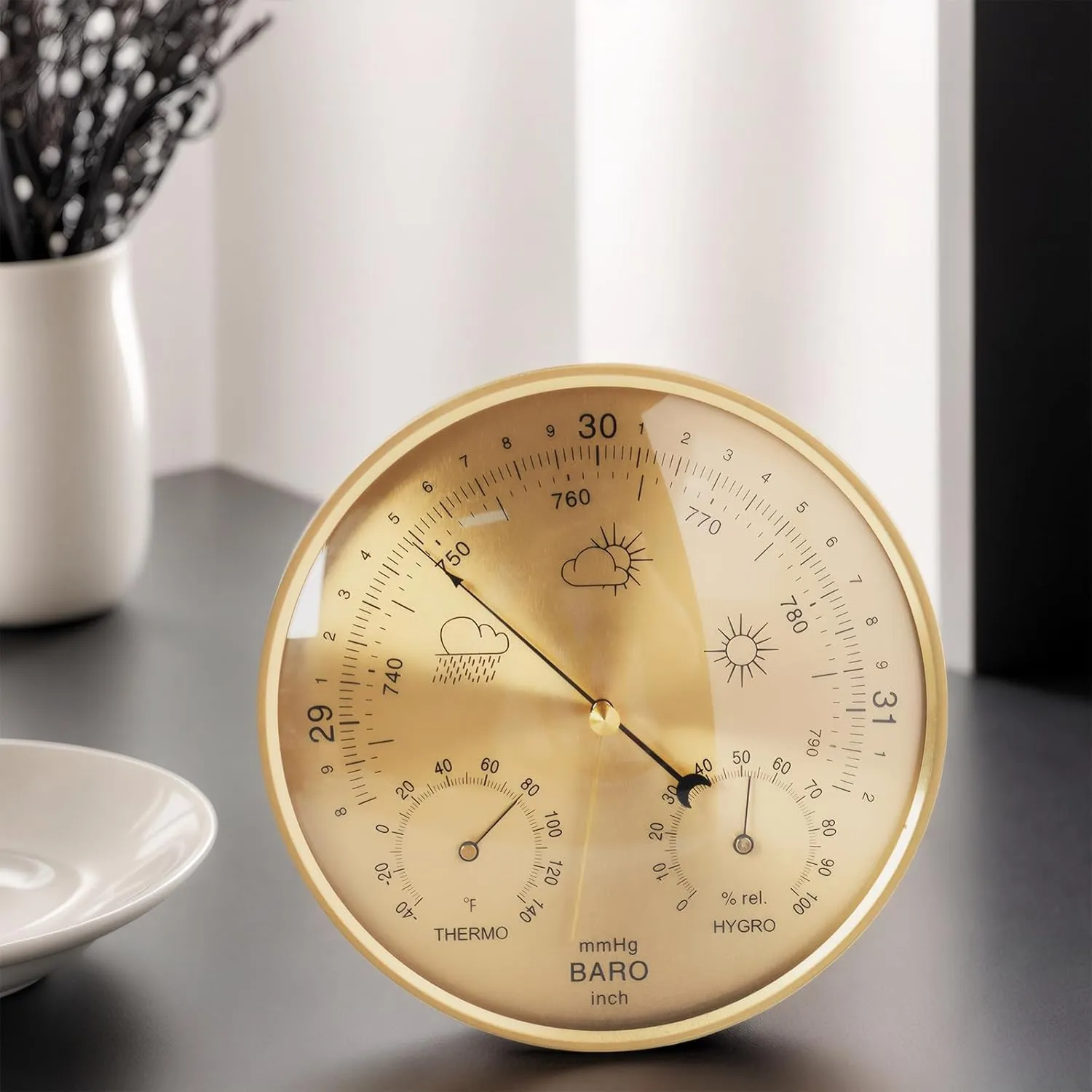 Wall Weather Station Indoor,3 in1 Barometer Thermometer Hygrometer for Home Office Ship Garden,Fahrenheit(Gold)