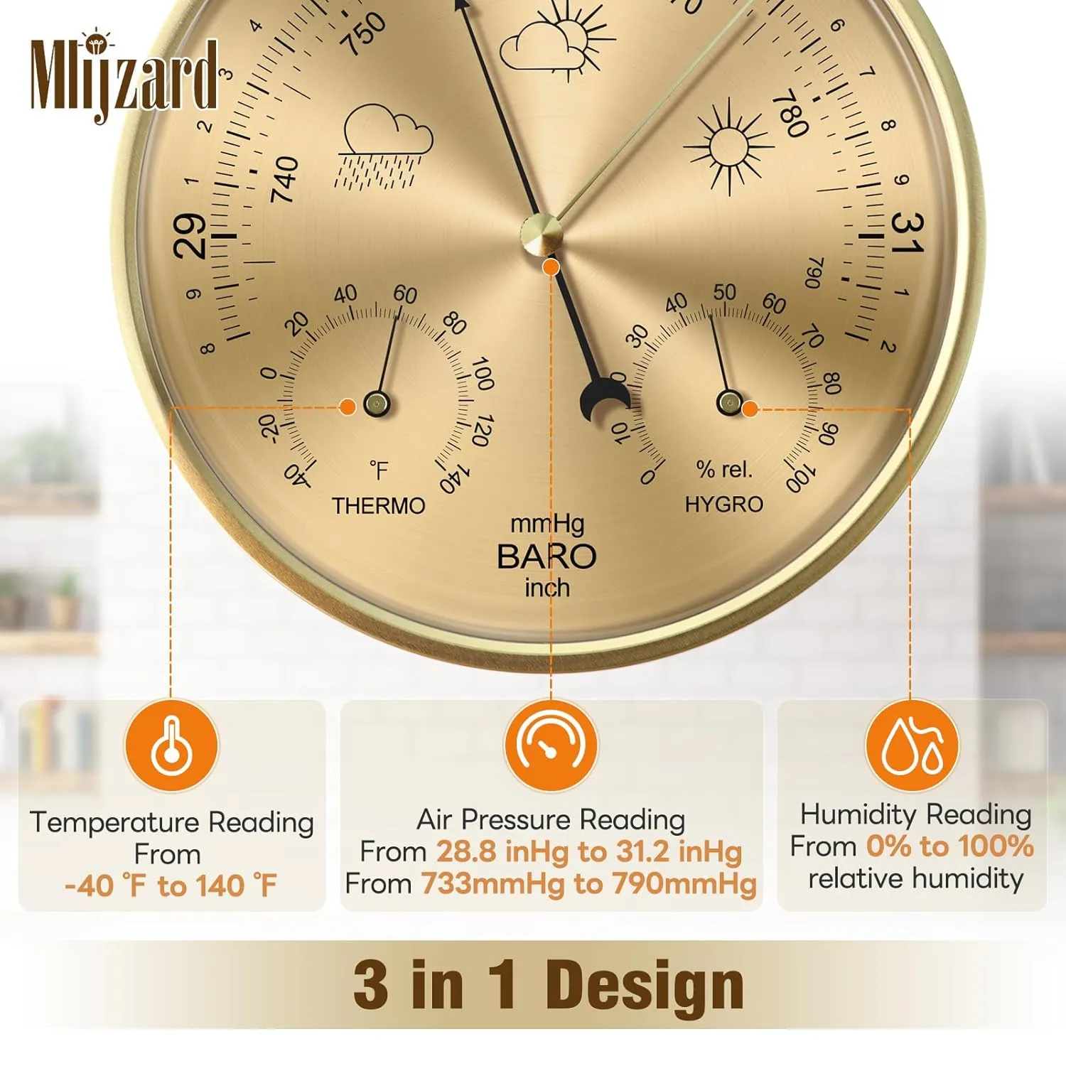 Wall Weather Station Indoor,3 in1 Barometer Thermometer Hygrometer for Home Office Ship Garden,Fahrenheit(Gold)