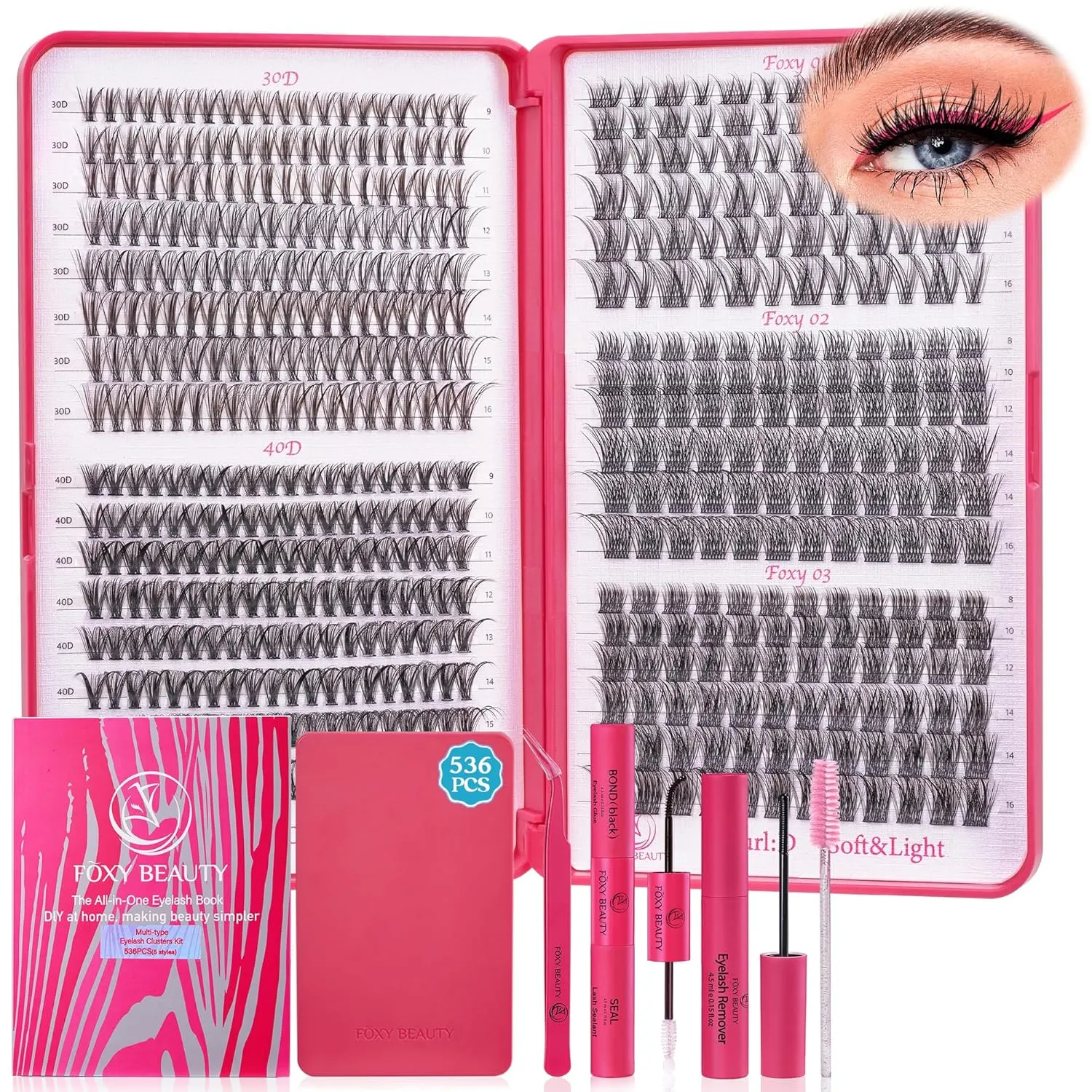 Waltz Wispy Lash Clusters Kit - 536Pcs D Curl Lash Cluster 8-16MM WideSpan Eyelash Clusters 30D 40D Lash Extension Kit Natural Cluster Eyelash Extensions kit with Bond Seal DIY at Home