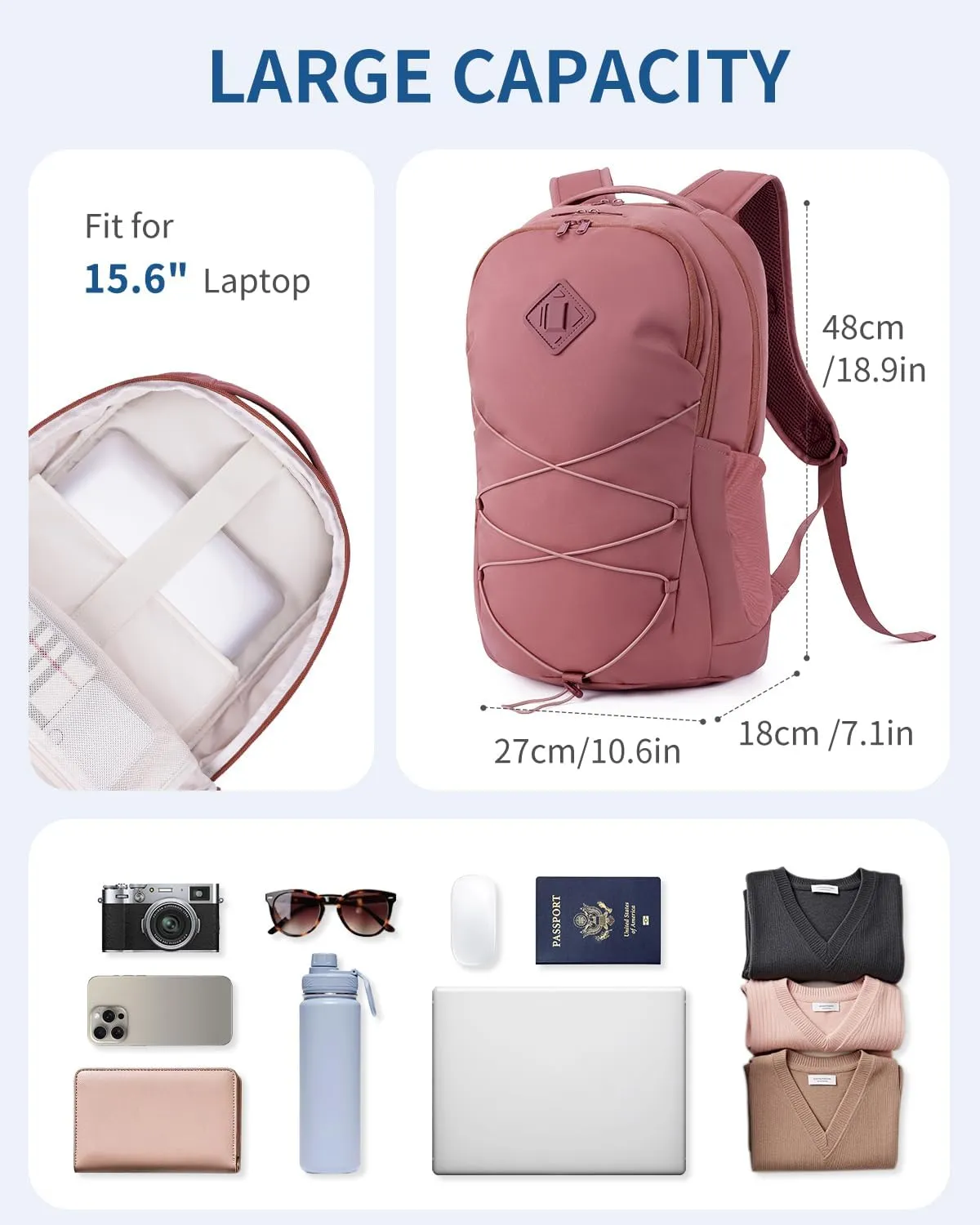 WANDF 15.6-Inch Laptop Backpack for Women Men Airline Approved Water Resistant Lightweight Travel Bag Casual Backpack for Weekender Business with Whistle Buckle & Elastic Strap (Date Red)