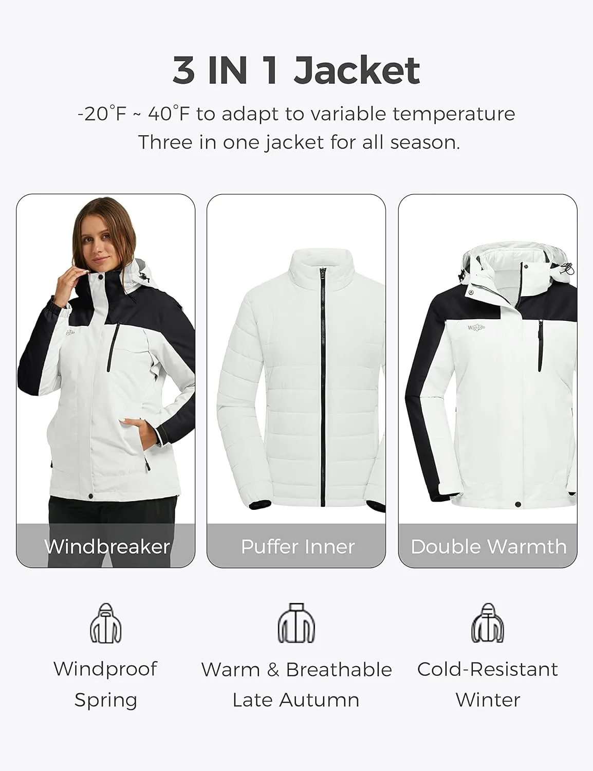 wantdo Women's 3 in 1 Waterproof Ski Jacket Windproof Winter Snow Coat Snowboarding Jackets Warm Raincoat