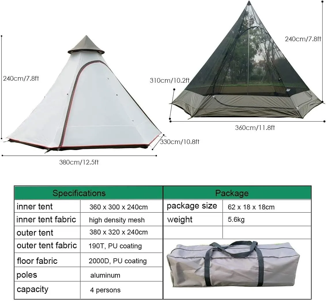 Waterproof 380CM/12.5ft Double Layers Family Tent Teepee Tent for Camping Hiking Hunting 4 Persons