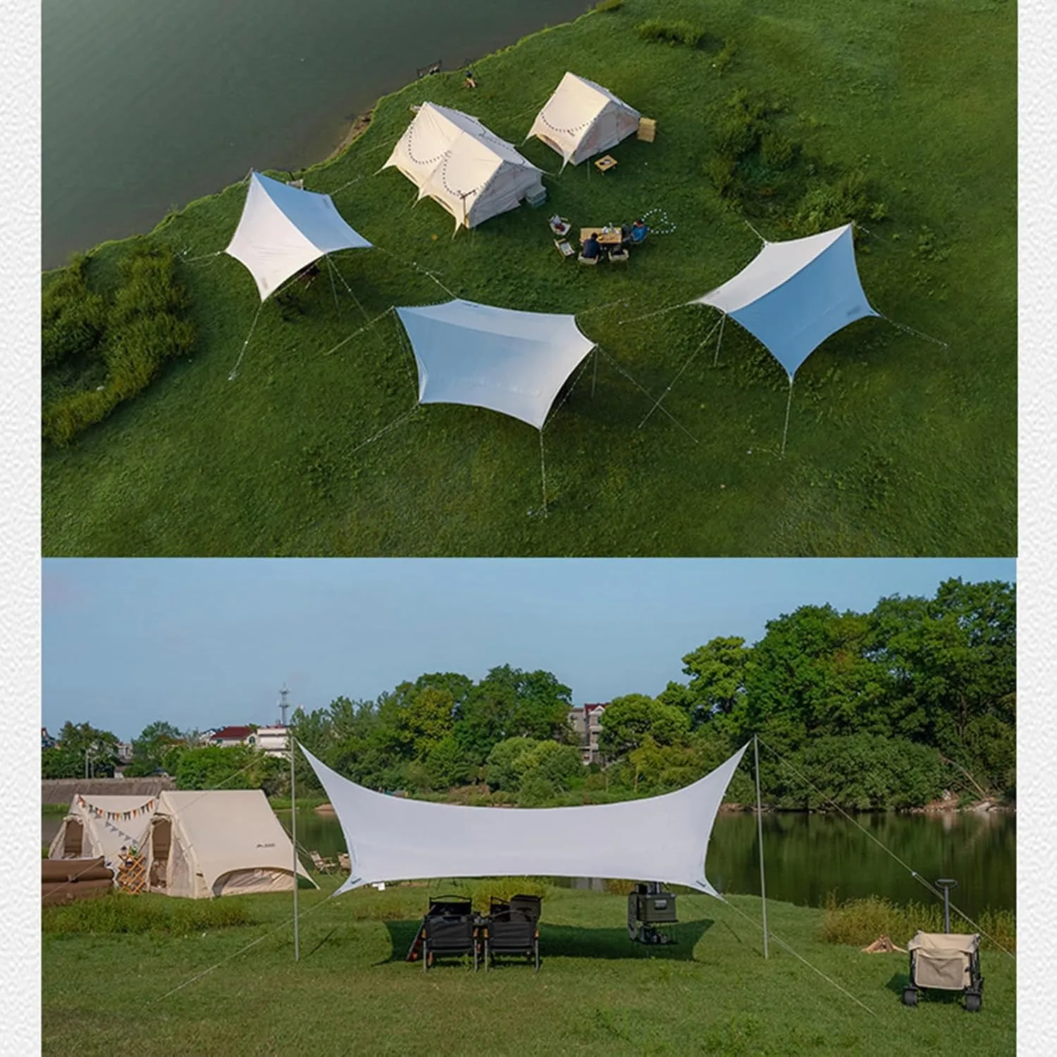 Waterproof Camping Tarp with 2 Poles Backpacking Tarp Tent Ultralight Multipurpose Hexagon Tarpaulin Shelter Tent Groundsheet Hammock Tarp Rain Fly for Outdoor Adventure Hiking Tent, 19m²