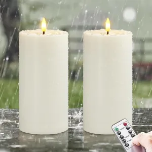 Waterproof Flickering Plastic Flameless with Cycle Timer & Remote Control, Pack of 2 Fake Battery Operated Candle Grease Outdoor Pillar LED Candles (Ivory, 4" x8")