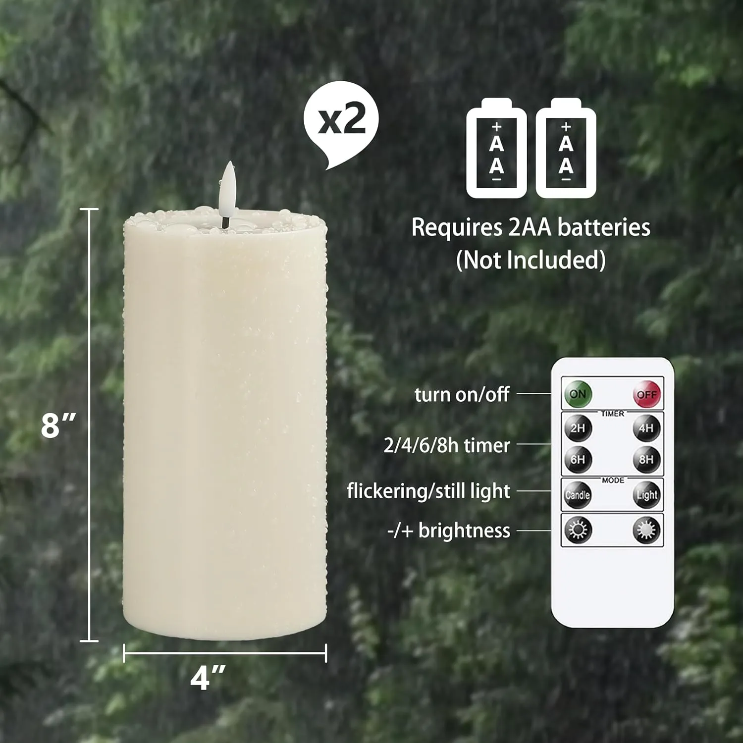 Waterproof Flickering Plastic Flameless with Cycle Timer & Remote Control, Pack of 2 Fake Battery Operated Candle Grease Outdoor Pillar LED Candles (Ivory, 4" x8")
