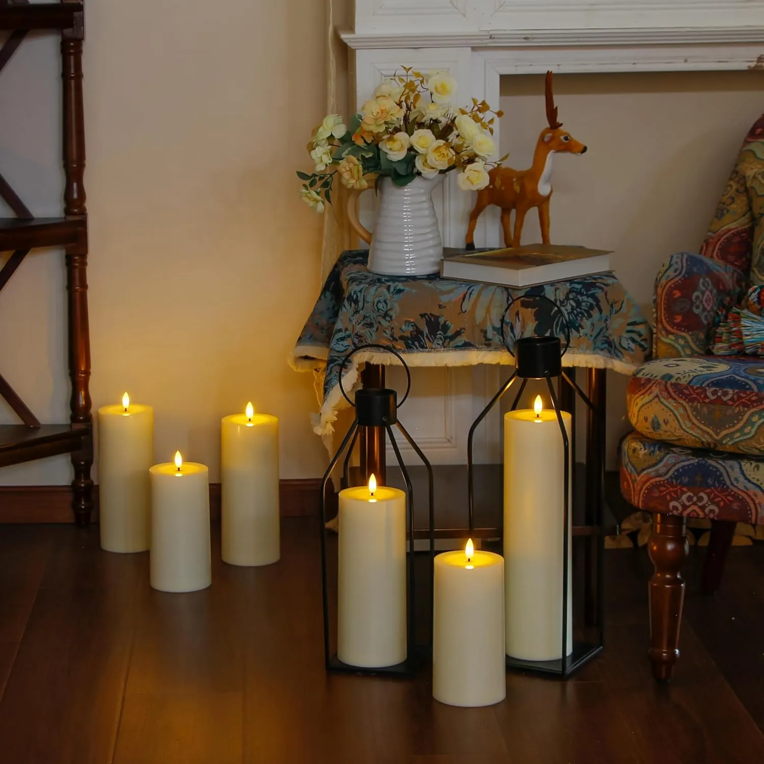 Waterproof Flickering Plastic Flameless with Cycle Timer & Remote Control, Pack of 2 Fake Battery Operated Candle Grease Outdoor Pillar LED Candles (Ivory, 4" x8")