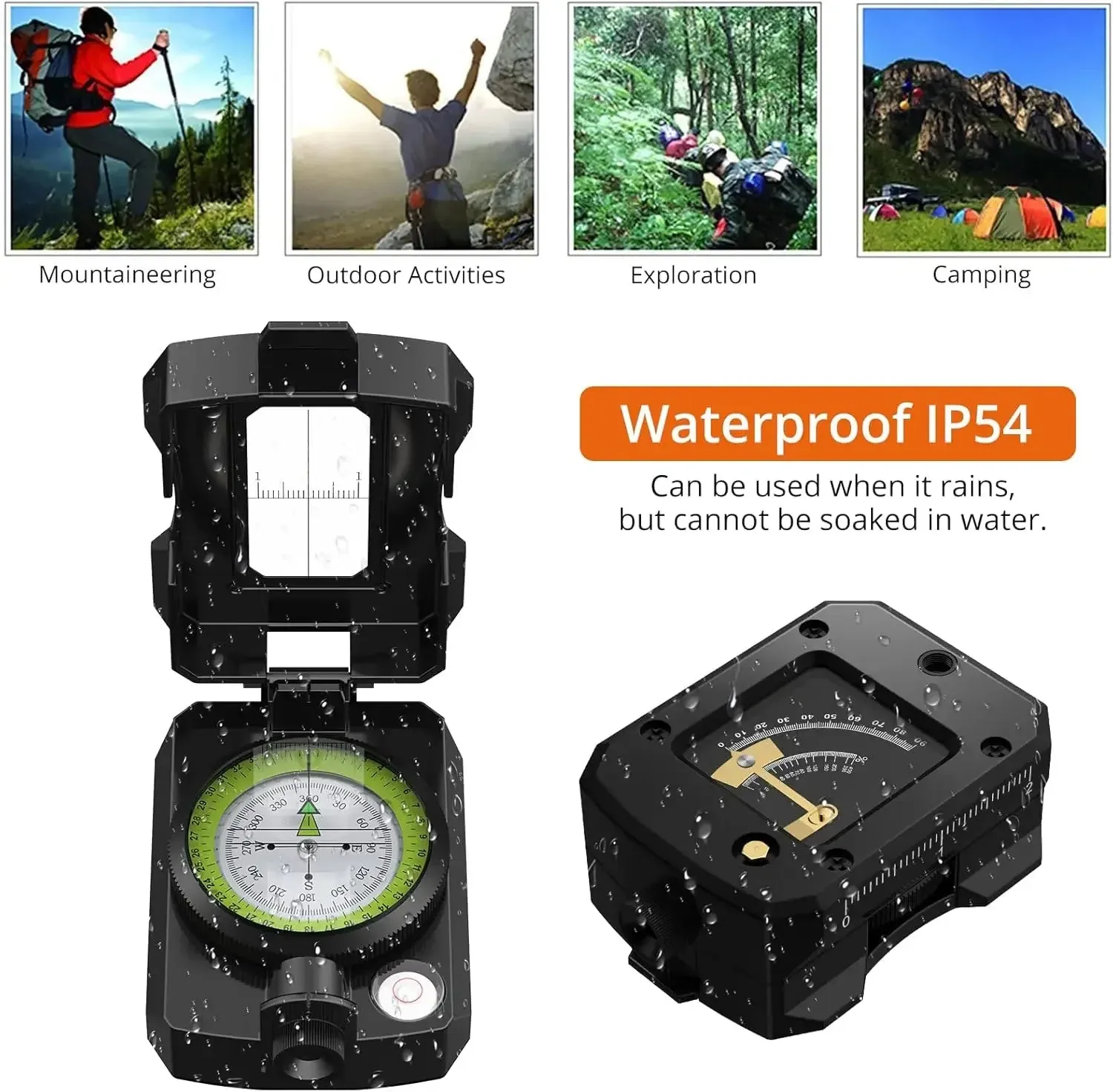 Waterproof Hiking Compass with Clinometer and Fluorescent Scale