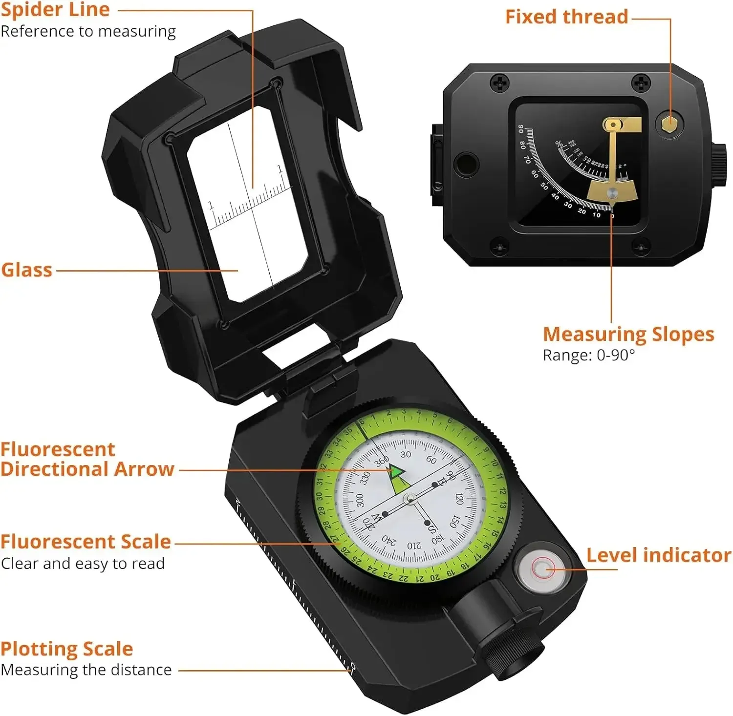 Waterproof Hiking Compass with Clinometer and Fluorescent Scale