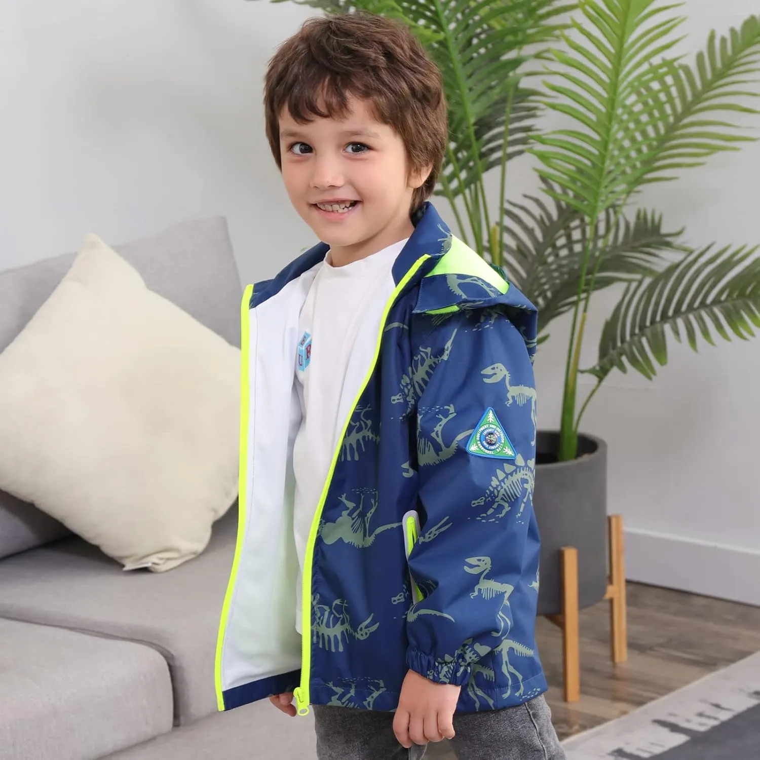 Waterproof Hooded Jacket for Boys Girls,Kids Raincoats Outdoor Windbreaker Dinosaur Rain Jacket