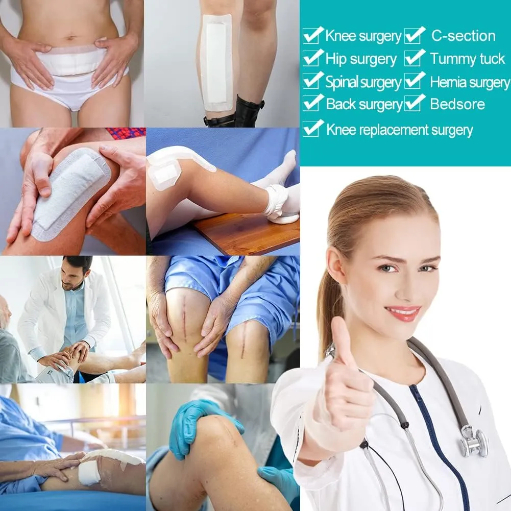 Waterproof Knee Replacement Surgery Adhesive Island Dressings Hip Surgery Shower Protector Bandage Patches for Long Incision Post Surgical Wounds Cover Breathable Bordered Gauze 4"x10"(Pack of 20)