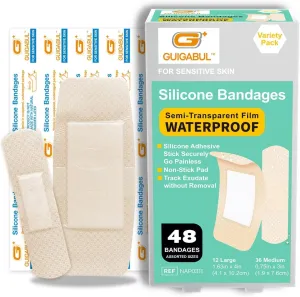 Waterproof Silicone Adhesive Bandages,Painless Removal Waterproof Silicone Adhesive Bandages for Sensitive Skin - 0.75"x3"(36 Counts) and 1.63"x4"(12 Counts),Hypoallergenic Latex Free