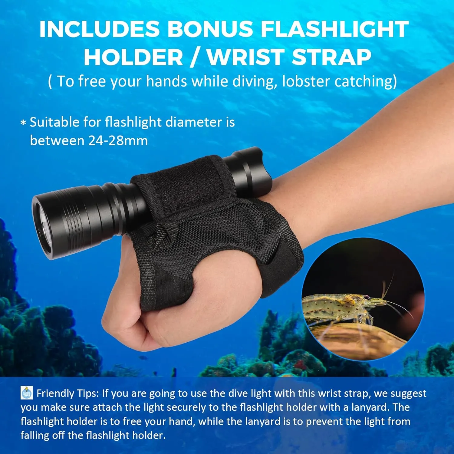 WD43PRO Dive Light - 1050 Lumens Scuba Diving Light, IP68 Waterproof Submersible Torch with Wrist Strap for Hands-Free Underwater Flashlight