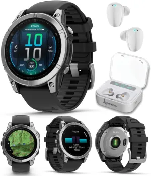 Wearable4U Garmin Fenix E – 47 mm, AMOLED, Premium Multisport GPS Smartwatch, Long-Lasting Battery Life, Stainless Steel with Black Silicone Band White Earbuds Bundle