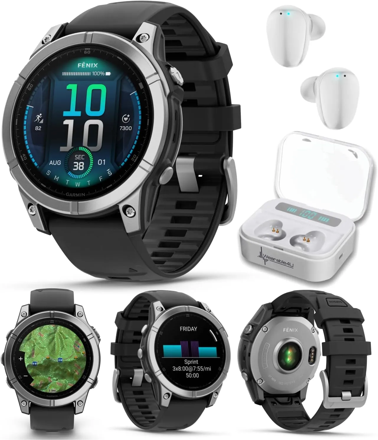 Wearable4U Garmin Fenix E – 47 mm, AMOLED, Premium Multisport GPS Smartwatch, Long-Lasting Battery Life, Stainless Steel with Black Silicone Band White Earbuds Bundle