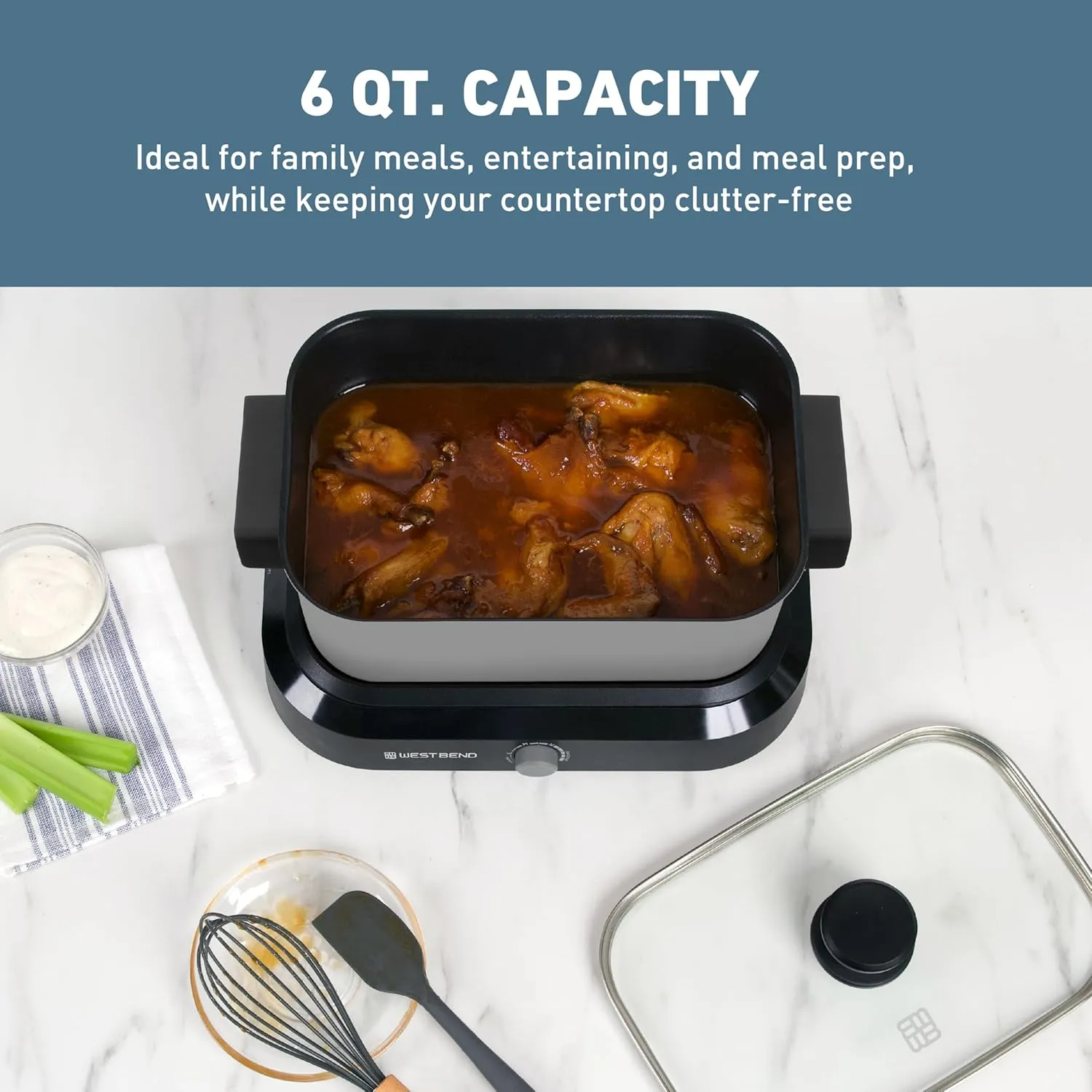 West Bend Versatility Slow Cooker Large Capacity Non-stick Cooking Vessel & Variable Temperature Heating Base Includes Travel Lid and Storage Bag, Range and Oven-Safe Cooking Pot, 6-Quart, Silver