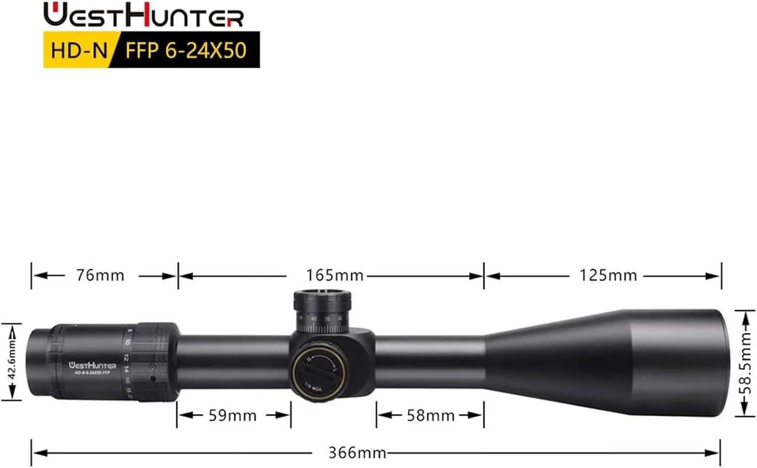 WestHunter Optics HD-N 6-24x50 FFP Riflescope, 30 mm Tube First Focal Plane Etched Glass Reticle Tactical 1/8 MOA Hunting Shooting Scopes
