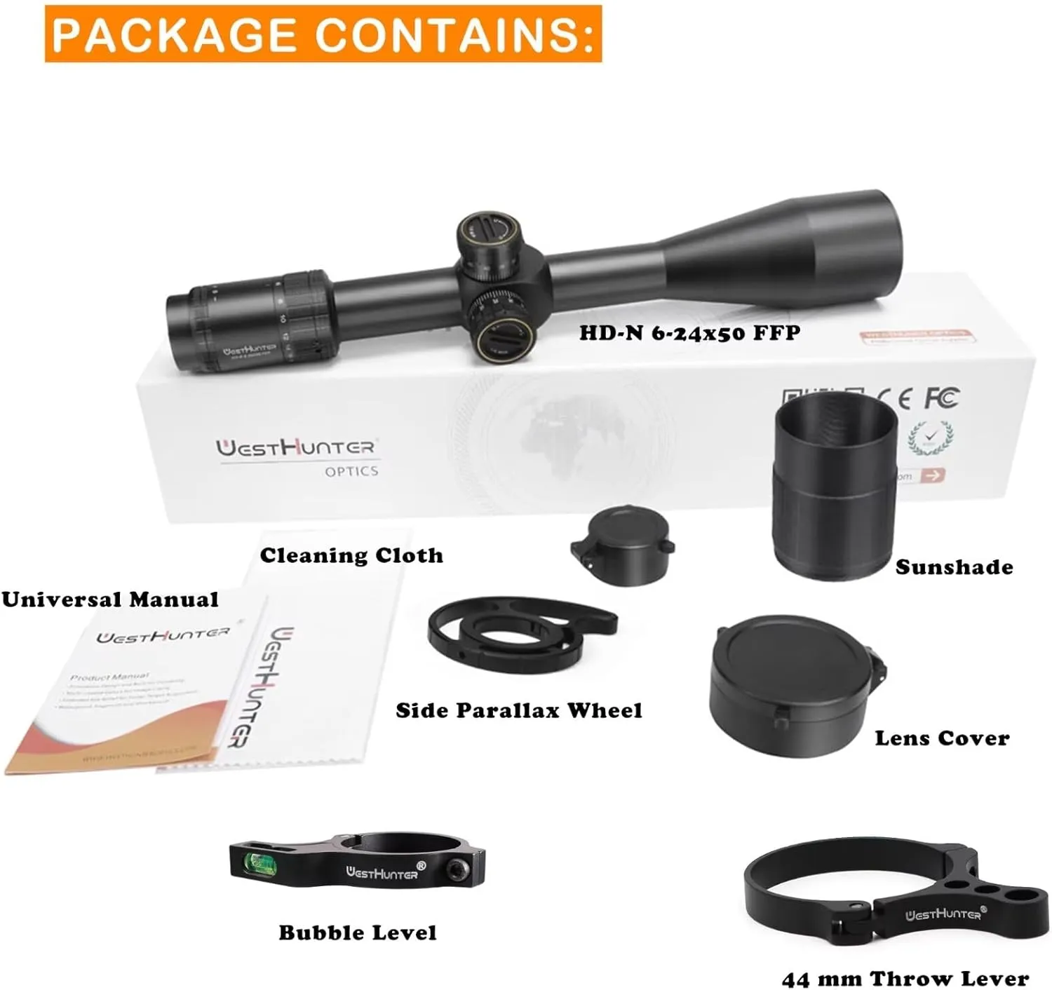 WestHunter Optics HD-N 6-24x50 FFP Riflescope, 30 mm Tube First Focal Plane Etched Glass Reticle Tactical 1/8 MOA Hunting Shooting Scopes