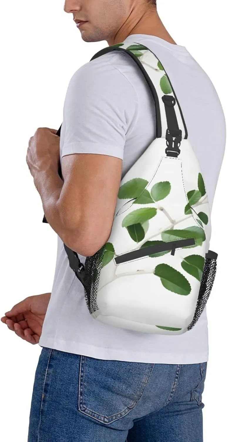 White Natural Greenery Twig High Storage Capacity Chest Bag Diagonally Sling Backpack Crossbody Shoulder Bag For Men Women