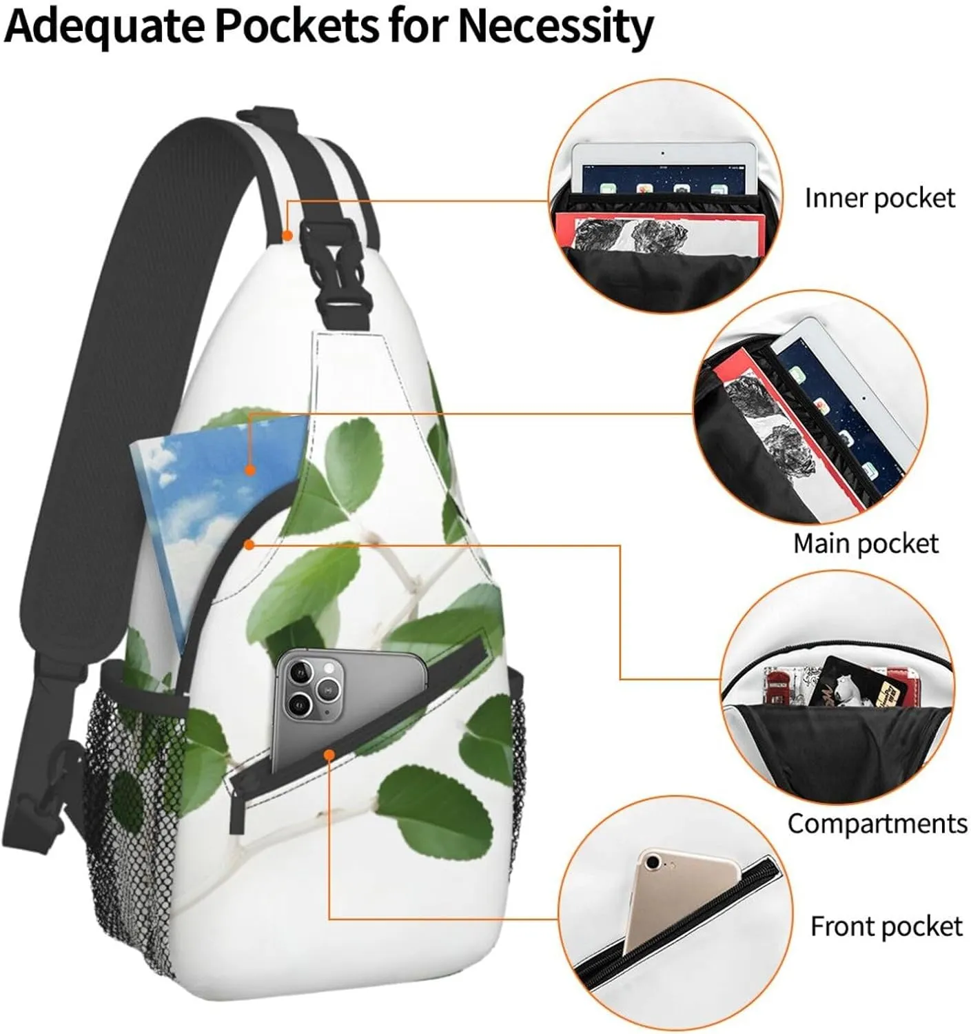 White Natural Greenery Twig High Storage Capacity Chest Bag Diagonally Sling Backpack Crossbody Shoulder Bag For Men Women
