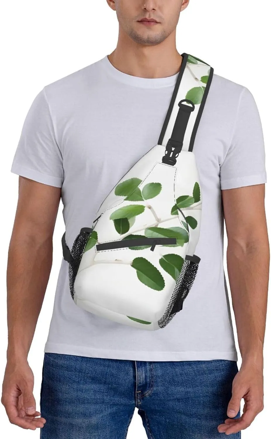 White Natural Greenery Twig High Storage Capacity Chest Bag Diagonally Sling Backpack Crossbody Shoulder Bag For Men Women