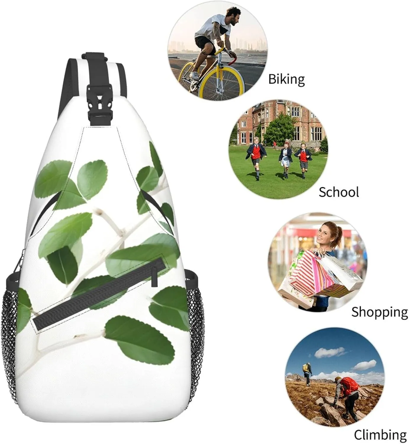 White Natural Greenery Twig High Storage Capacity Chest Bag Diagonally Sling Backpack Crossbody Shoulder Bag For Men Women