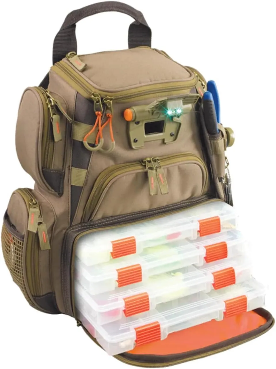 Wild River by CLC WT3503 Tackle Tek Recon Lighted Compact Tackle Backpack & Four PT3500 Trays, Clear, Water-Resistant Phone Storage,Beige, 12.75 x 6.75 x 15