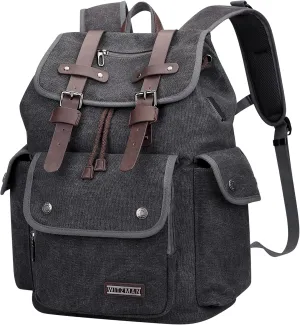 WITZMAN Canvas Backpack for Men Vintage Rucksack Fit 15.6 inch Laptop High Capacity Travel Backpack Casual Daypack (A8004 Black/Gery)