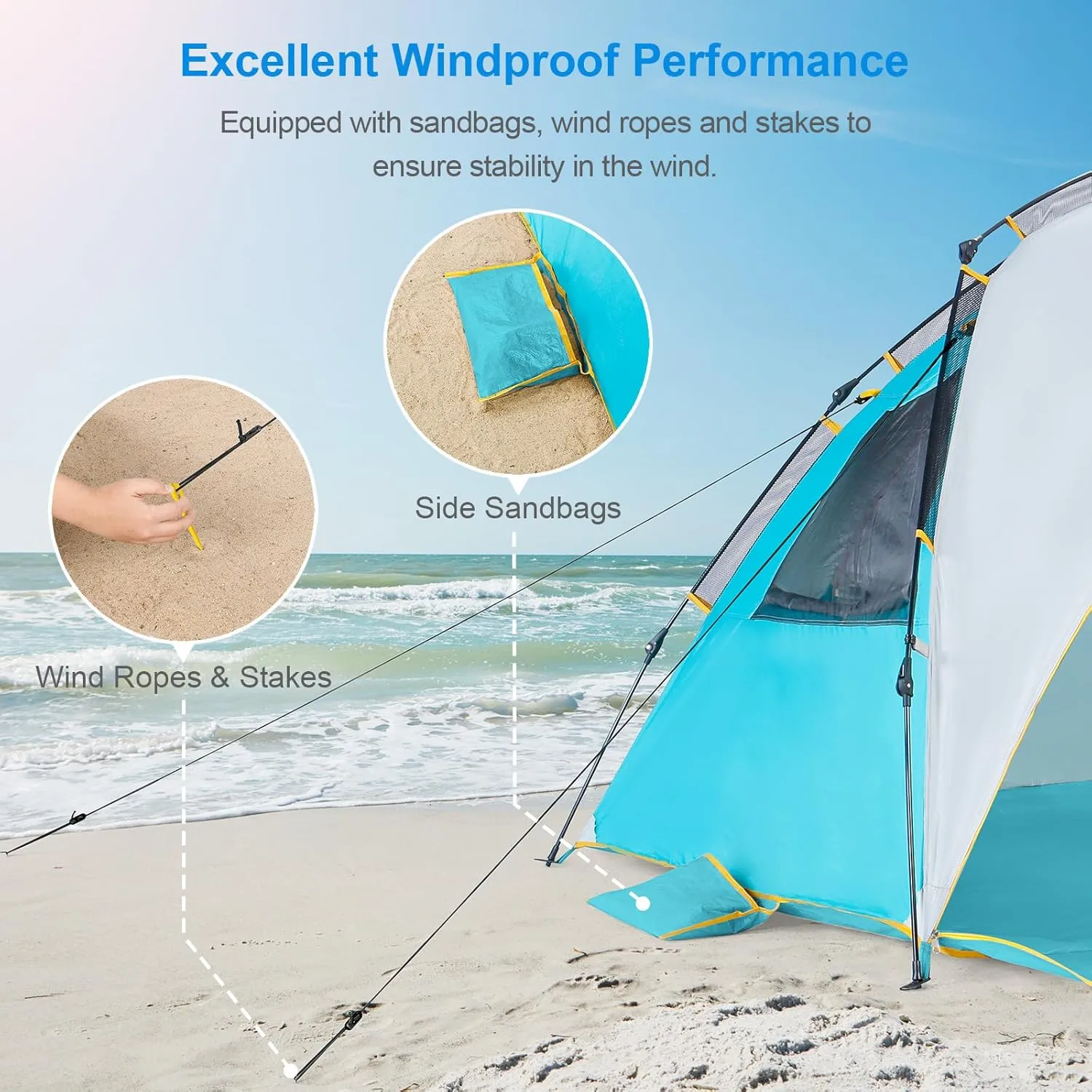 WolfWise 6-7 Person Easy Up Beach Tent UPF 50  Portable Instant Sun Shelter Canopy Umbrella with Extended Zippered Porch, Blue