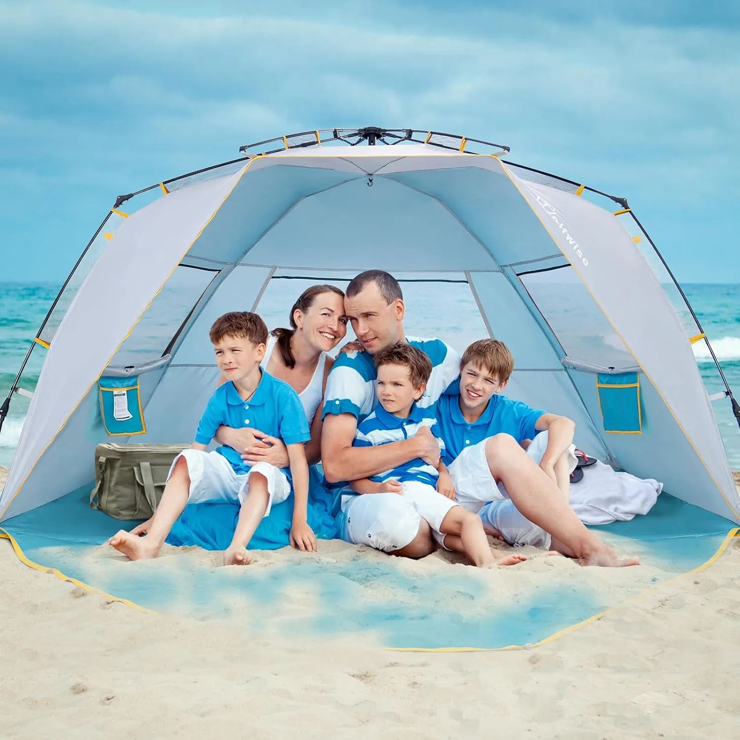 WolfWise 6-7 Person Easy Up Beach Tent UPF 50  Portable Instant Sun Shelter Canopy Umbrella with Extended Zippered Porch, Blue