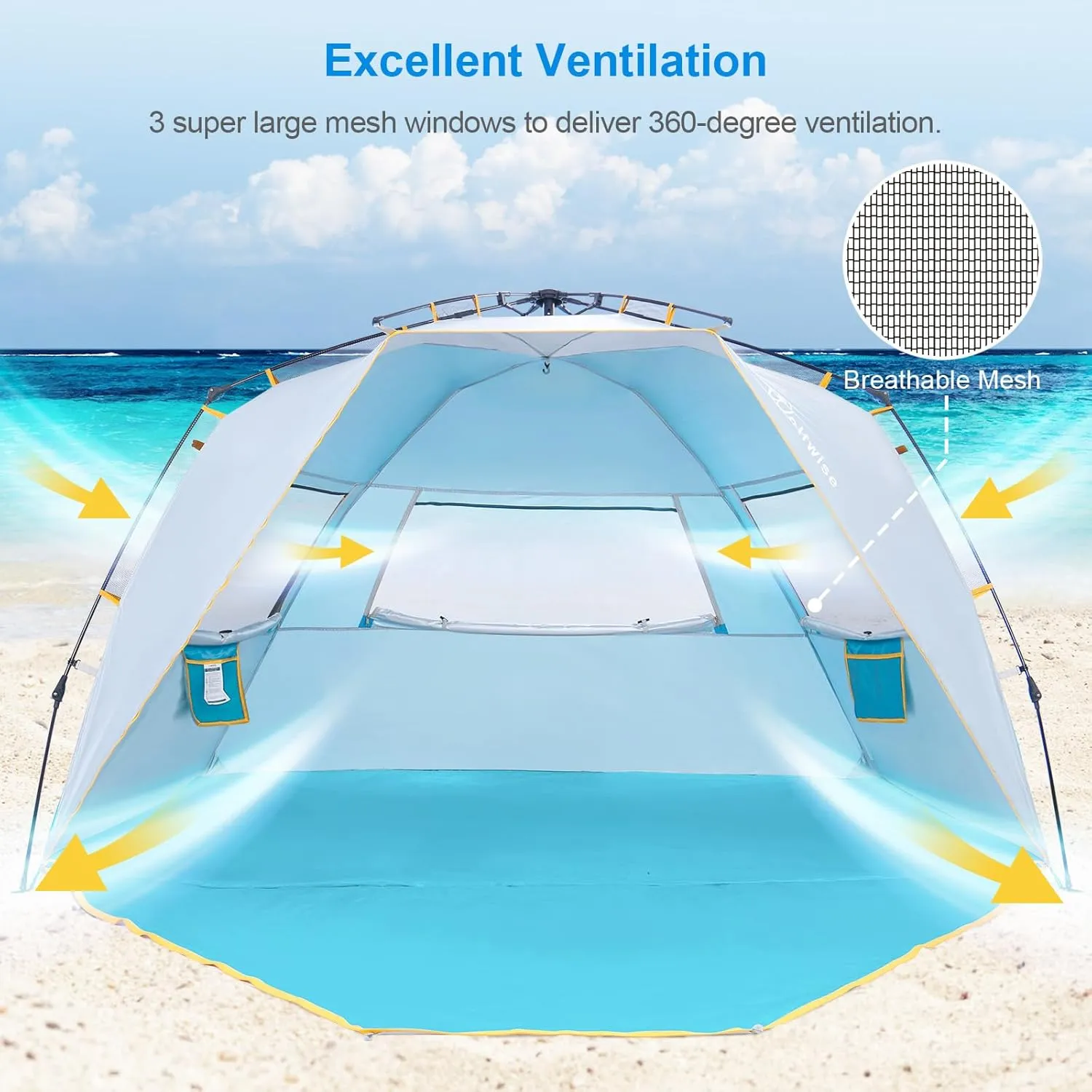 WolfWise 6-7 Person Easy Up Beach Tent UPF 50  Portable Instant Sun Shelter Canopy Umbrella with Extended Zippered Porch, Blue